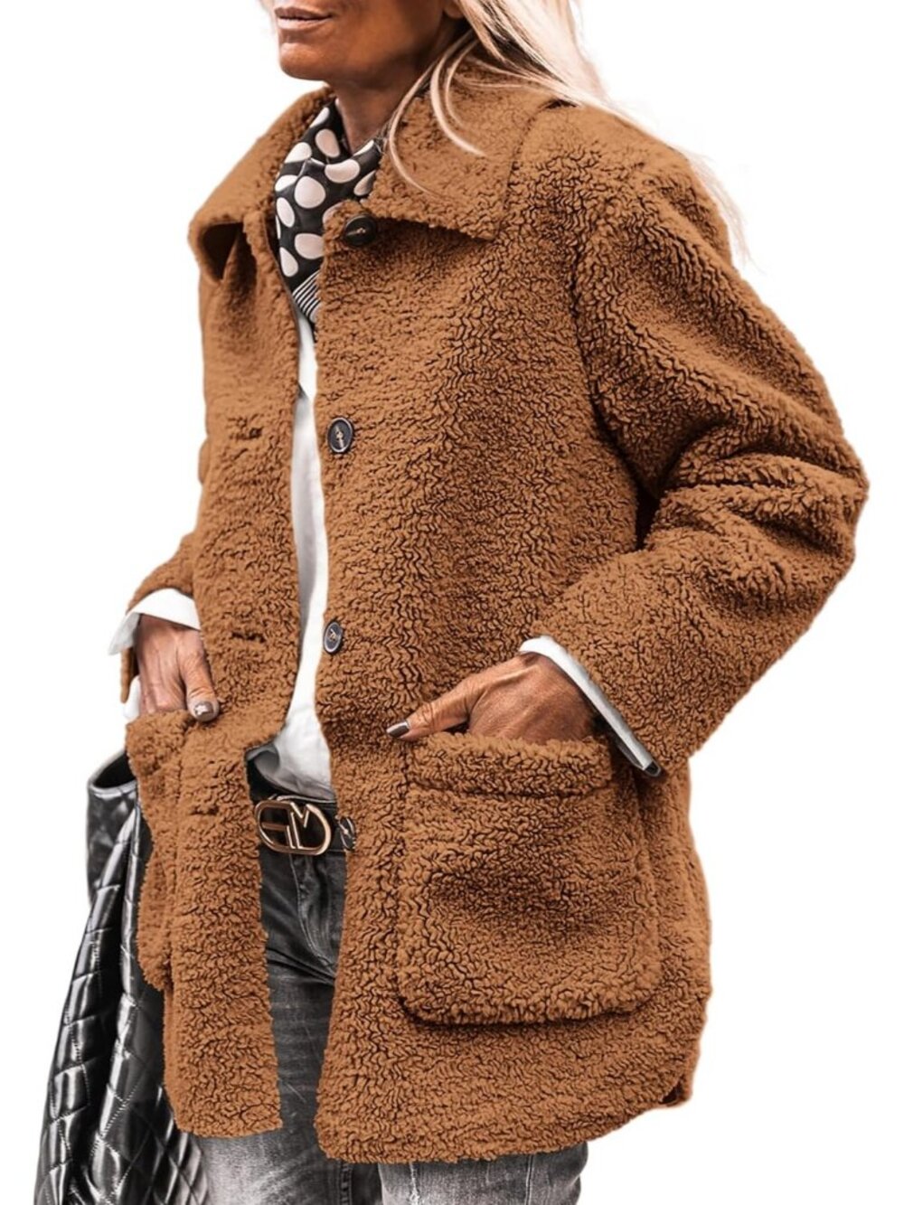 Women's Golden Camel Fleece Sherpa Coats Winter Outfit Warm Faux Fur Fall Jacket